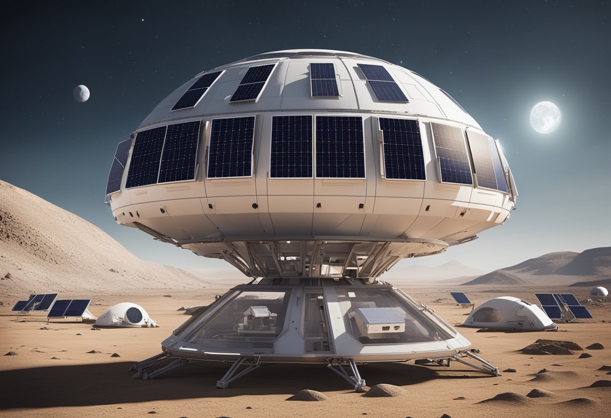 A futuristic space habitat design floating above a barren lunar landscape, with solar panels and communication arrays adapting to the harsh environment