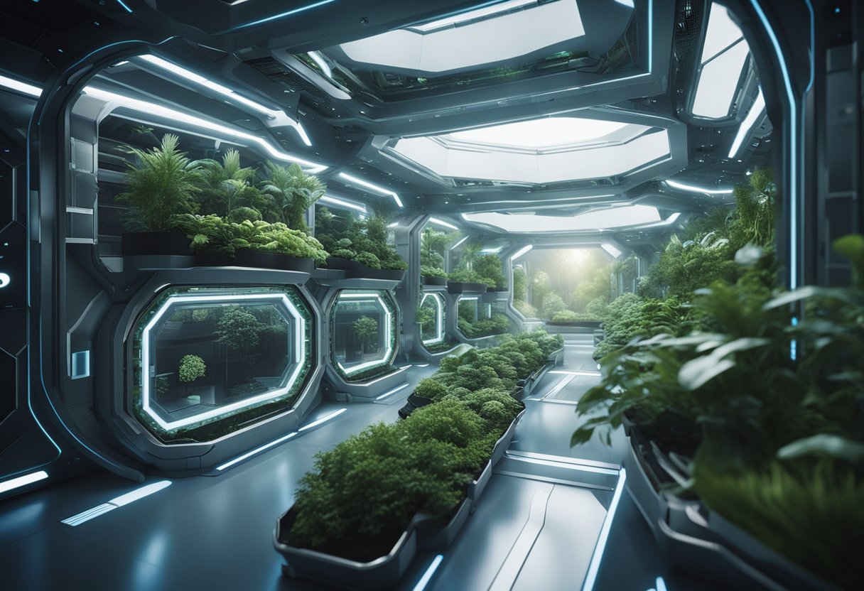 A futuristic space habitat with interconnected modules, greenery, and advanced technology, governed by a regulatory framework to accommodate projected population growth