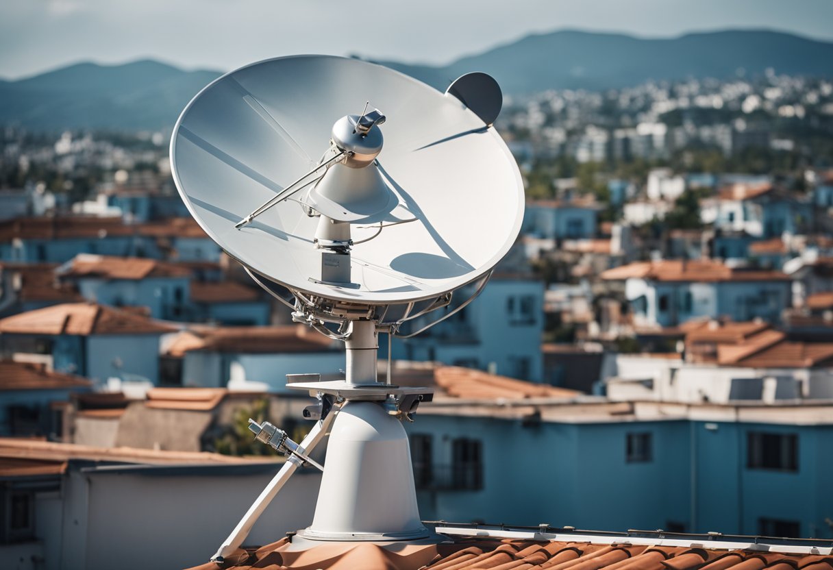A satellite dish on a rooftop with a clear view of the sky, transmitting internet signals to remote areas