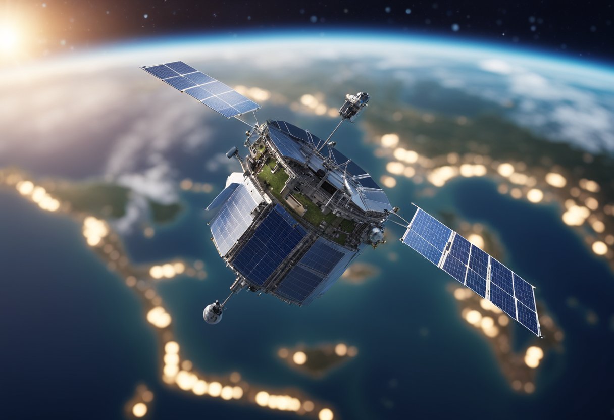 A satellite hovers above Earth, beaming internet coverage statistics onto a digital map of global markets