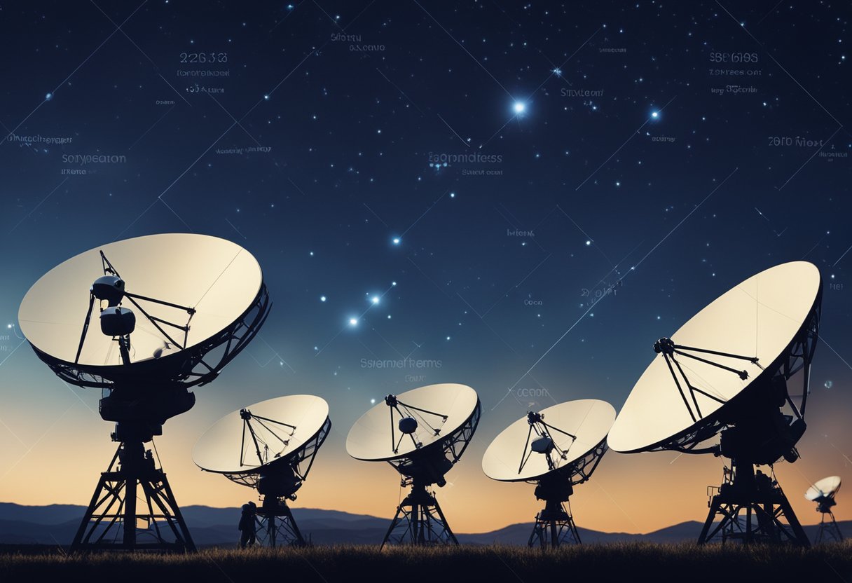 Satellite dishes pointing to the sky, connecting remote areas. Data streams from space to Earth
