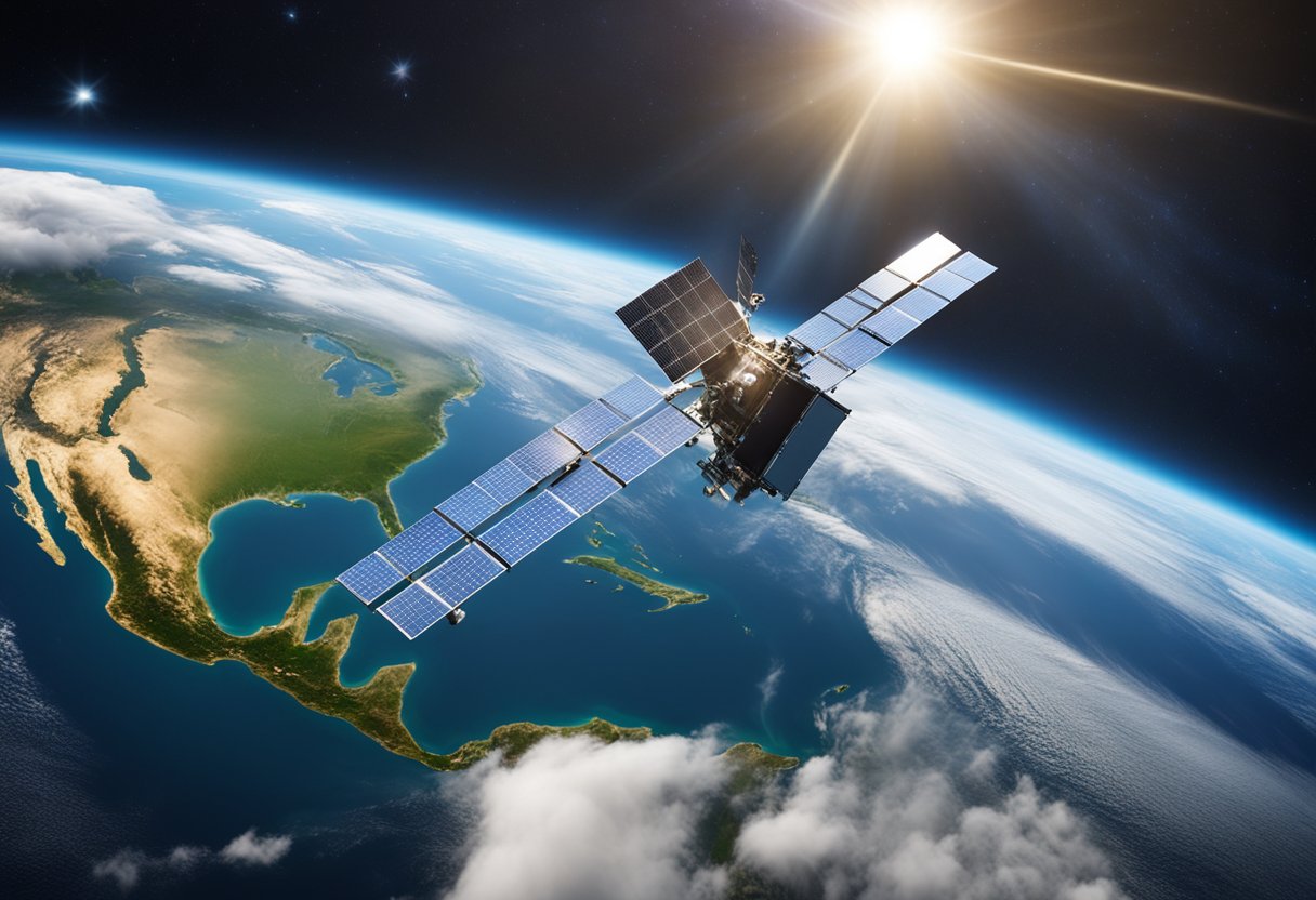 A satellite hovers above Earth, beaming internet coverage to remote areas. Data charts show increasing global connectivity