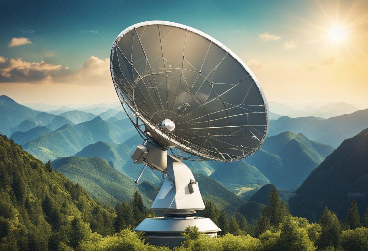Satellite dish pointed towards Earth, surrounded by diverse terrain. Data charts and graphs displaying coverage statistics