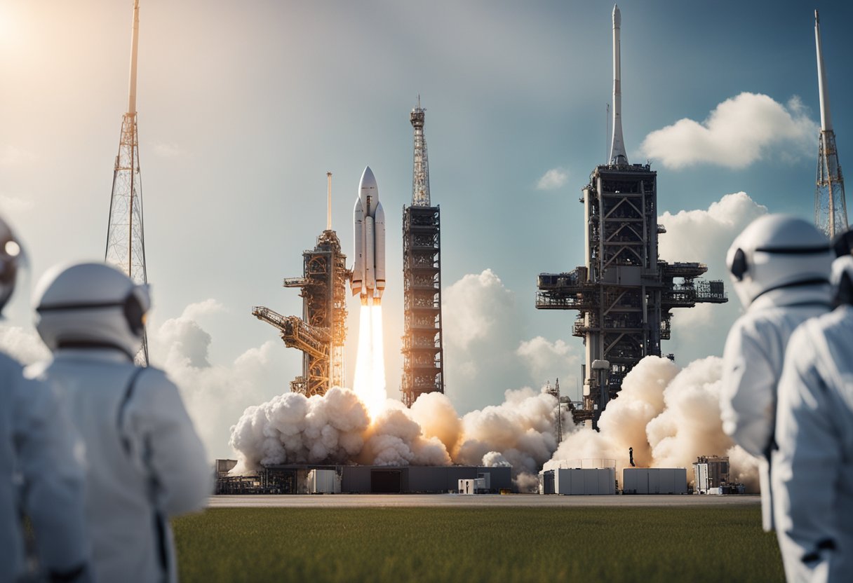Emerging space nations face challenges and risks in their space endeavors. The scene depicts a rocket launching into space, surrounded by technical equipment and a team of scientists and engineers working diligently to overcome obstacles