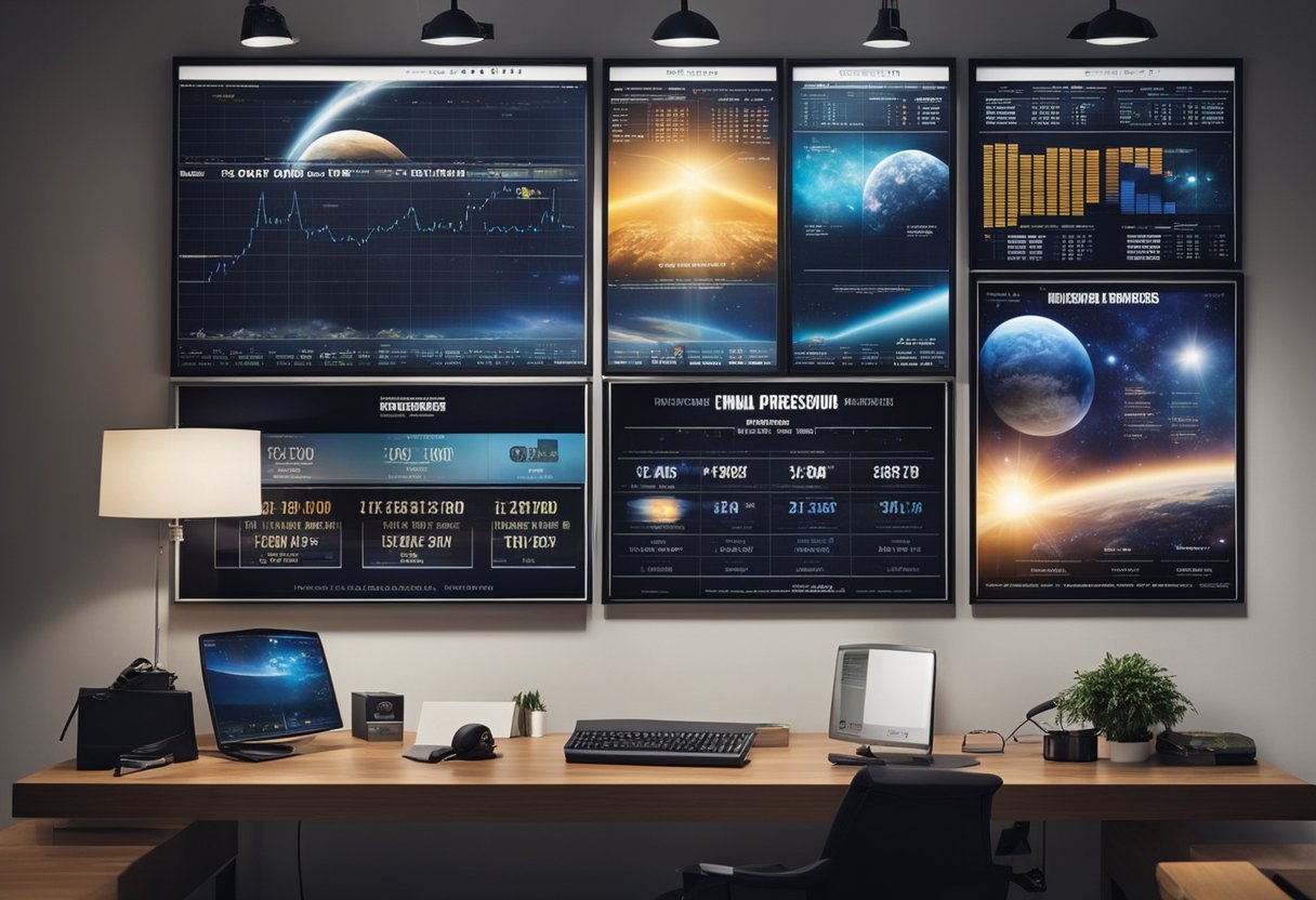 Space film posters line a wall, each with a box office earnings chart beside it. A separate chart compares the film earnings to the funding of actual space missions