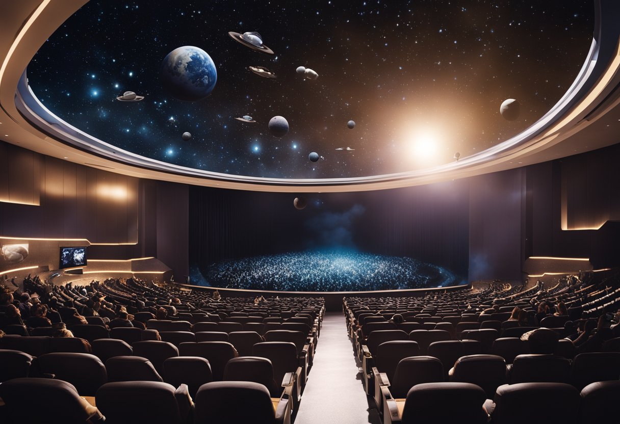 A crowded theater with a blockbuster space movie on the screen, while outside, scientists and engineers struggle to secure funding for their real-life space mission