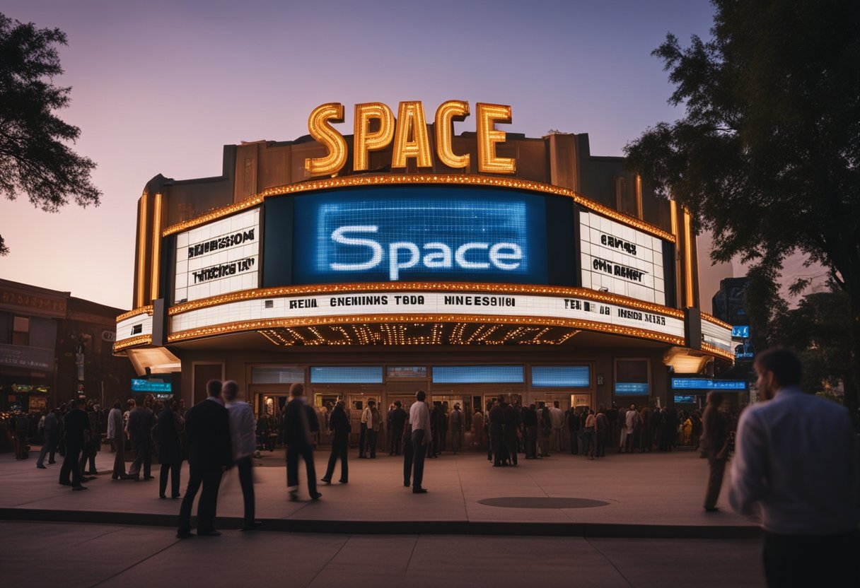 A bustling movie theater with a glowing "Space" marquee, while outside, scientists and engineers discuss funding for a real space mission