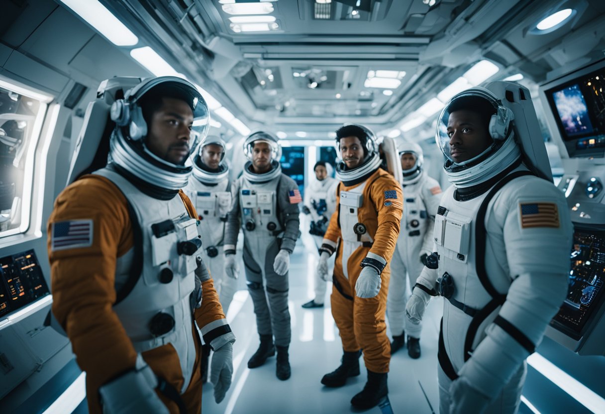 A diverse group of astronauts from different cultural backgrounds work together in a futuristic space station, while the box office success of space movies contrasts with limited funding for actual space missions