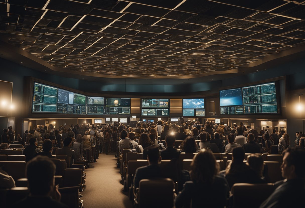 A crowded movie theater with a line of people buying tickets, while a space mission control room is filled with engineers and scientists discussing funding