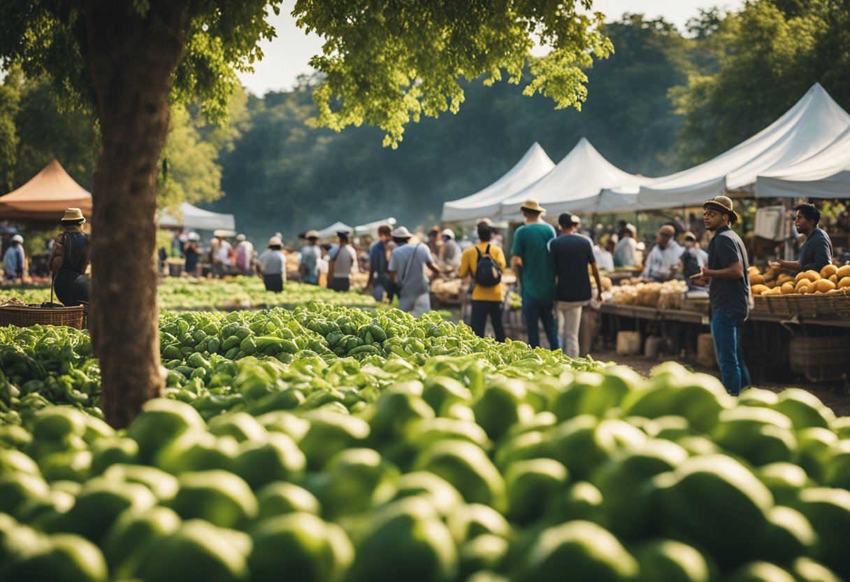 Vibrant farm fields surrounded by tourists, local produce stands, and bustling activity, showcasing the economic impact of agritourism