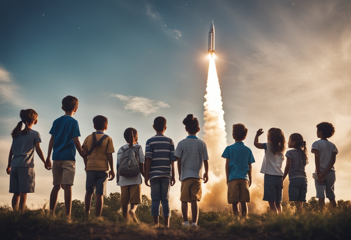 A rocket launching into space with a group of diverse children watching in awe and excitement, symbolizing the empowerment of the next generation in space exploration philanthropy