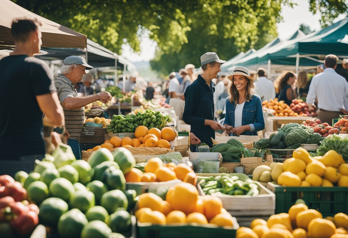 Vibrant farmers' market with diverse produce, local crafts, and bustling crowds, surrounded by picturesque farmland and rolling hills