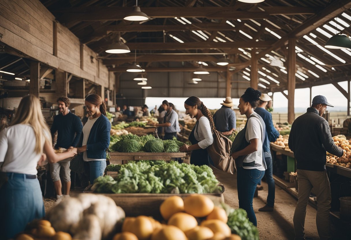 A bustling farm with visitors enjoying activities, buying local produce, and interacting with farm animals, creating jobs and boosting the local economy