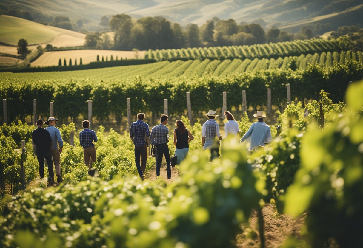 A bustling farm with tourists exploring fields and vineyards, while policymakers discuss regulations and economic benefits