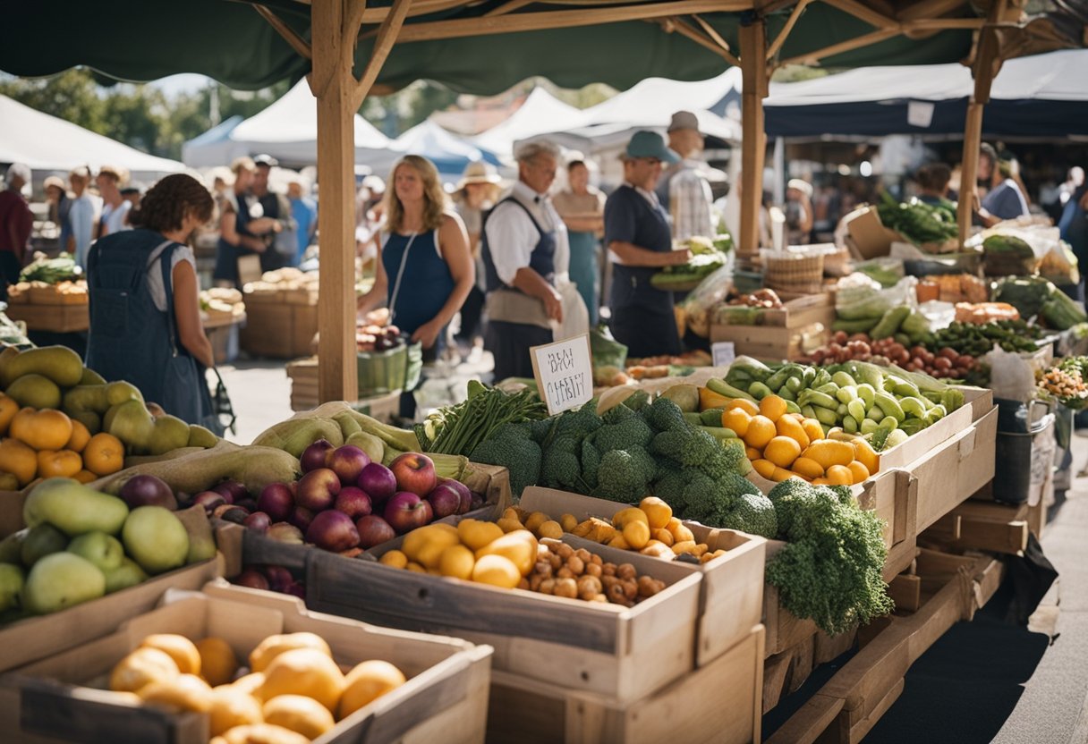 A bustling farmers' market with vendors selling local produce and handmade goods, while visitors engage with the community and learn about the economic impact of agritourism