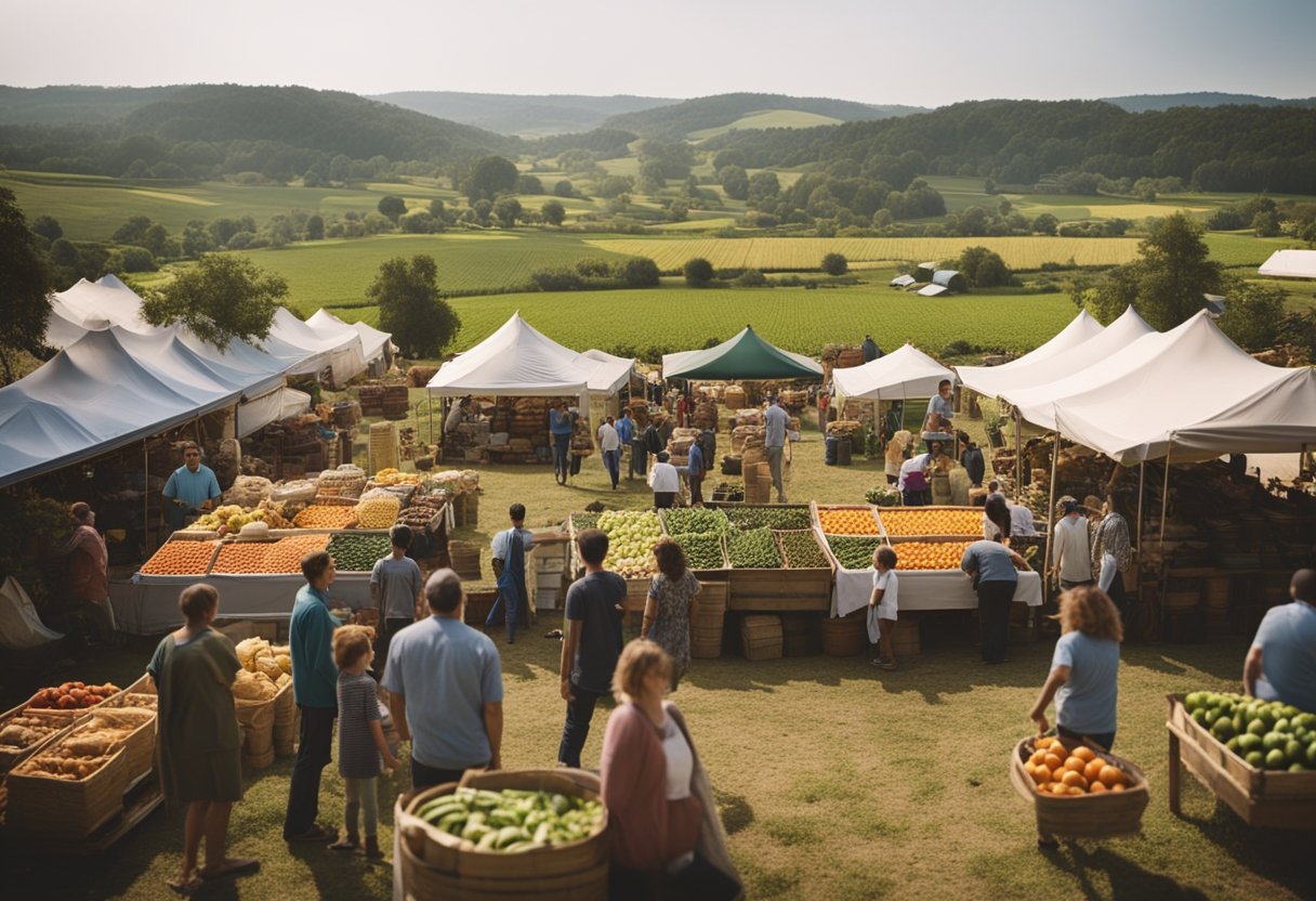 A bustling farm market with diverse produce and products, surrounded by fields and animals, with families engaging in educational activities