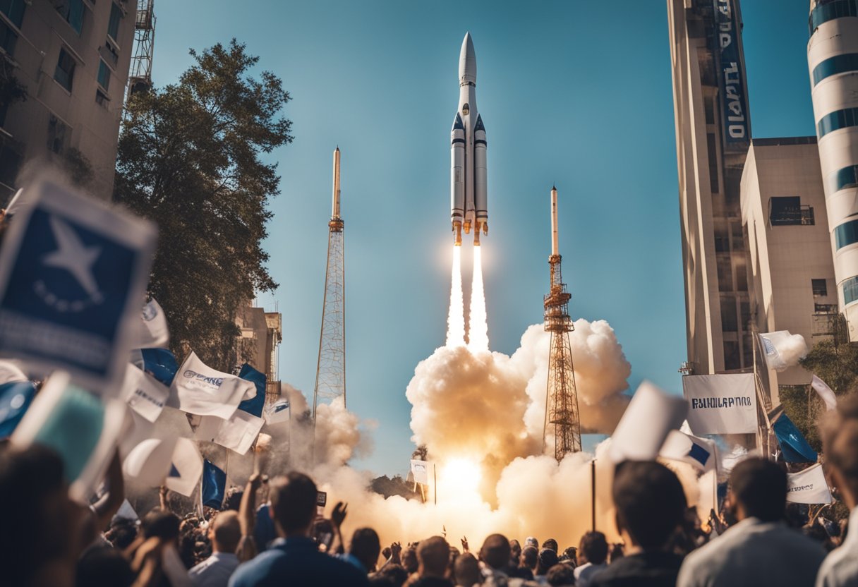 A rocket launching into space with a crowd of people gathered to watch, surrounded by banners and signs promoting space exploration philanthropy