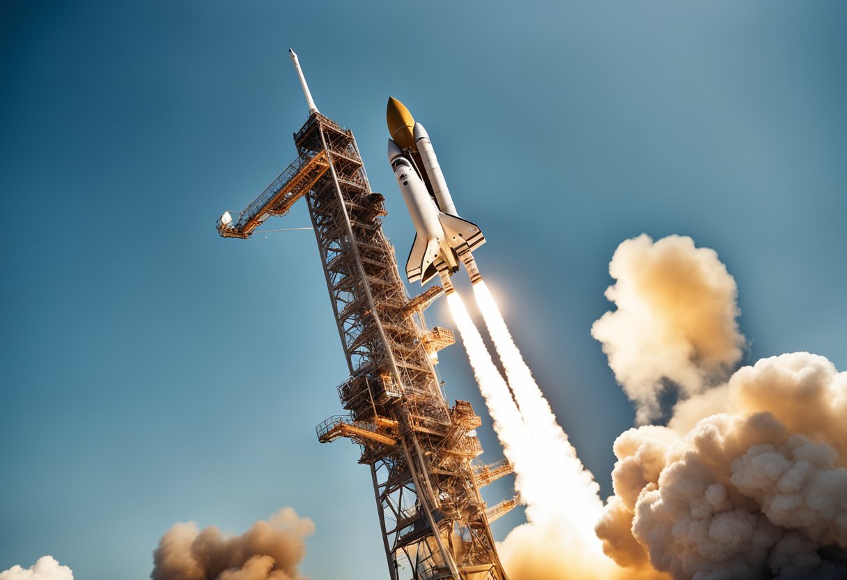 A rocket launches into space, with a clear blue sky in the background. The spacecraft is adorned with logos and symbols representing commercial human spaceflight and tourism