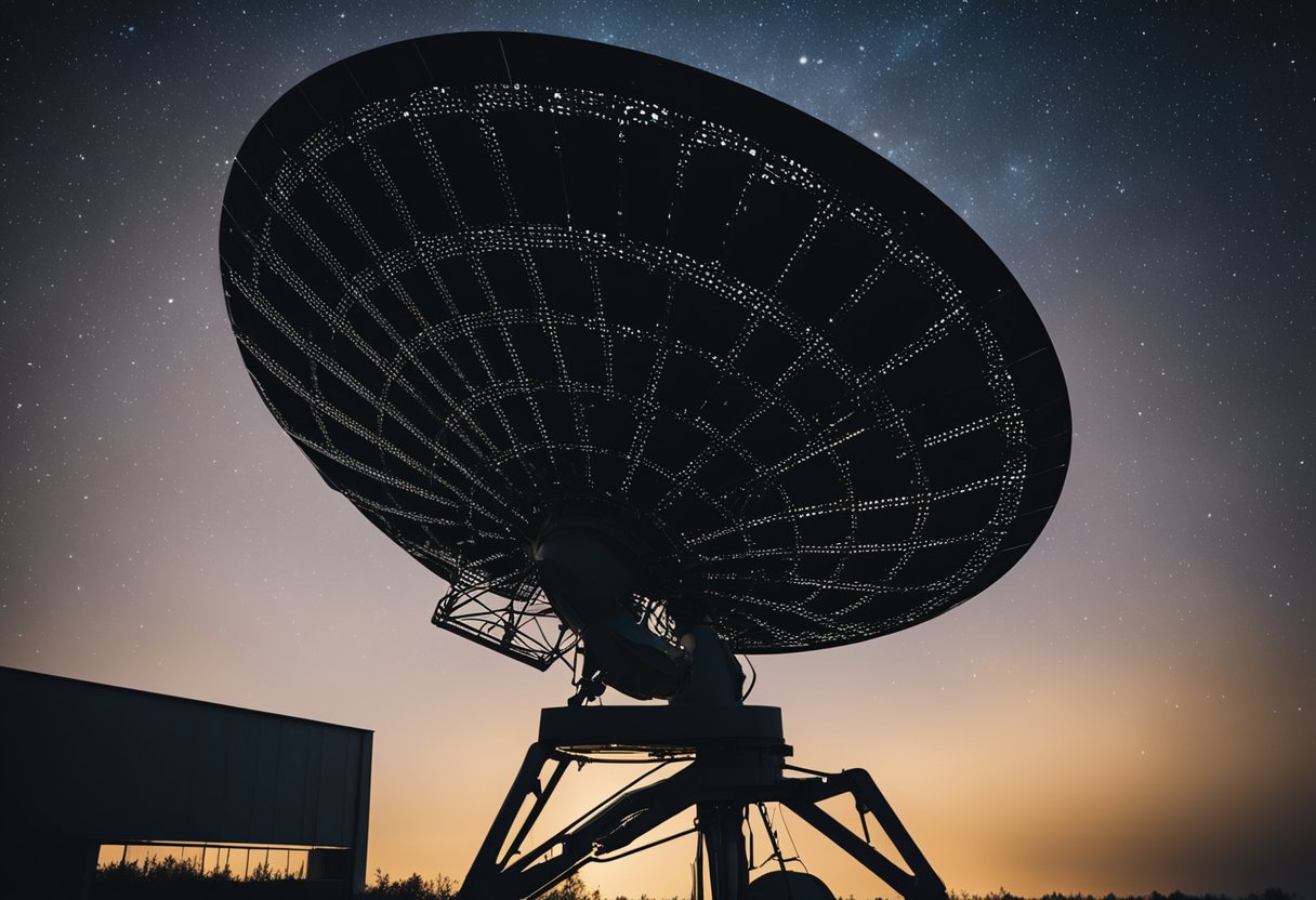 A large satellite dish turns towards the stars, scanning the night sky for signs of extraterrestrial life