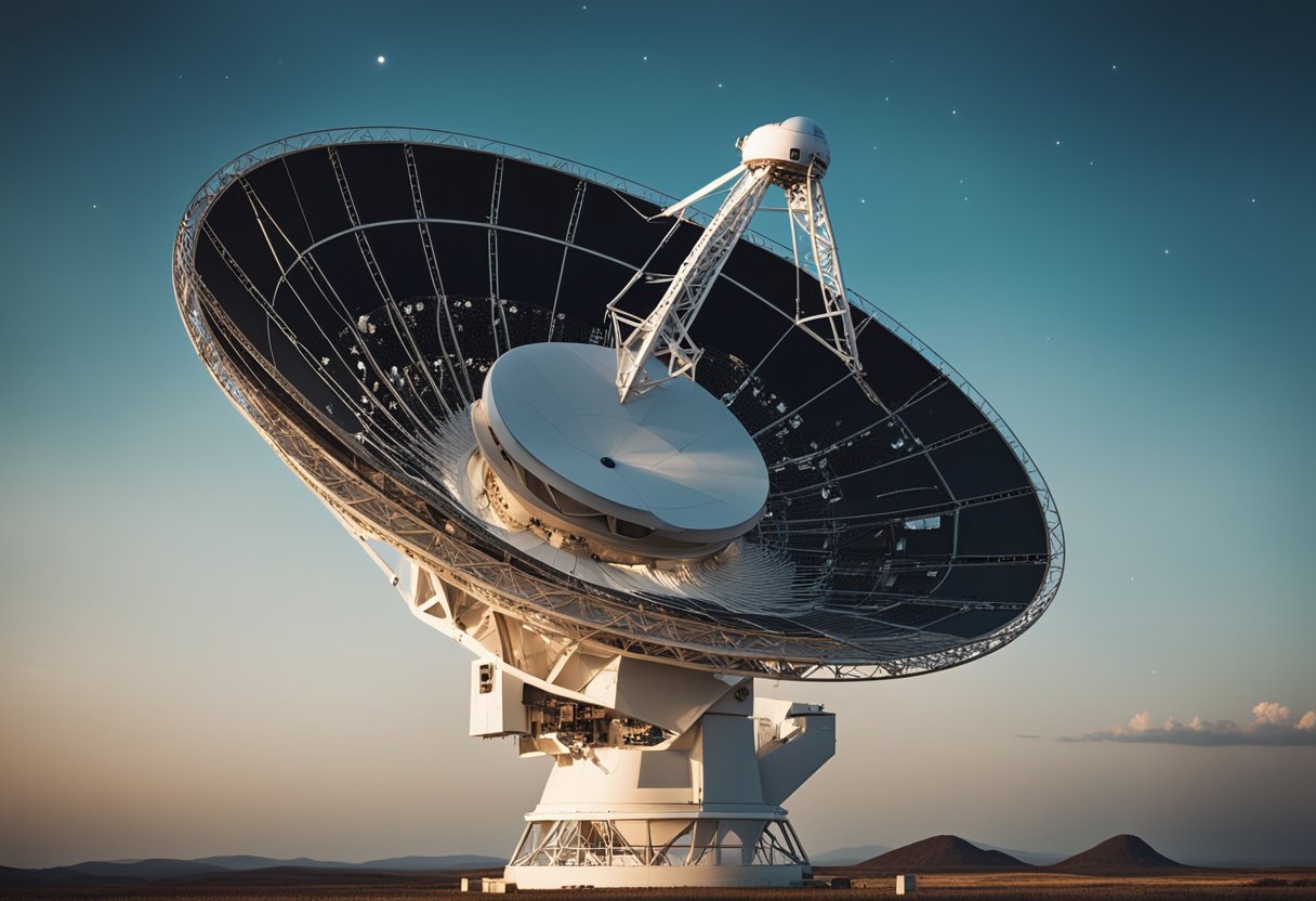 A radio telescope scans the cosmos, transmitting signals into space in hopes of making contact with extraterrestrial life