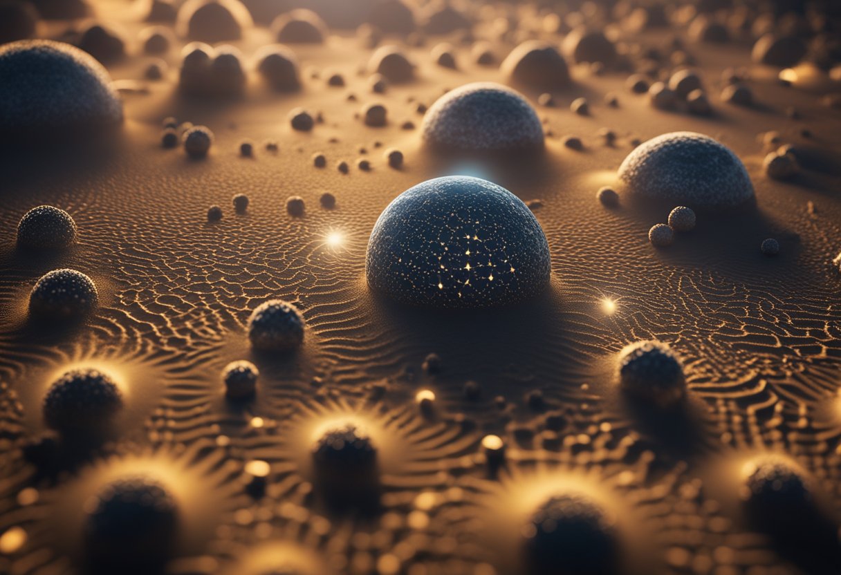 Molecules form intricate patterns on a barren planet's surface, hinting at the potential for extraterrestrial life. A distant sun casts a warm glow, illuminating the chemical foundations of existence