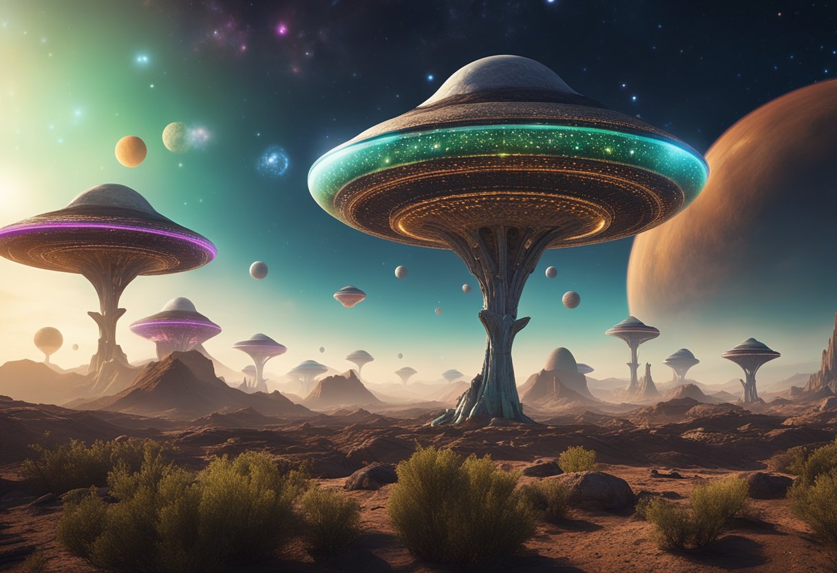 Alien life forms emerge from a glowing, otherworldly landscape. The sky is filled with strange, colorful celestial bodies, hinting at the vastness of the universe