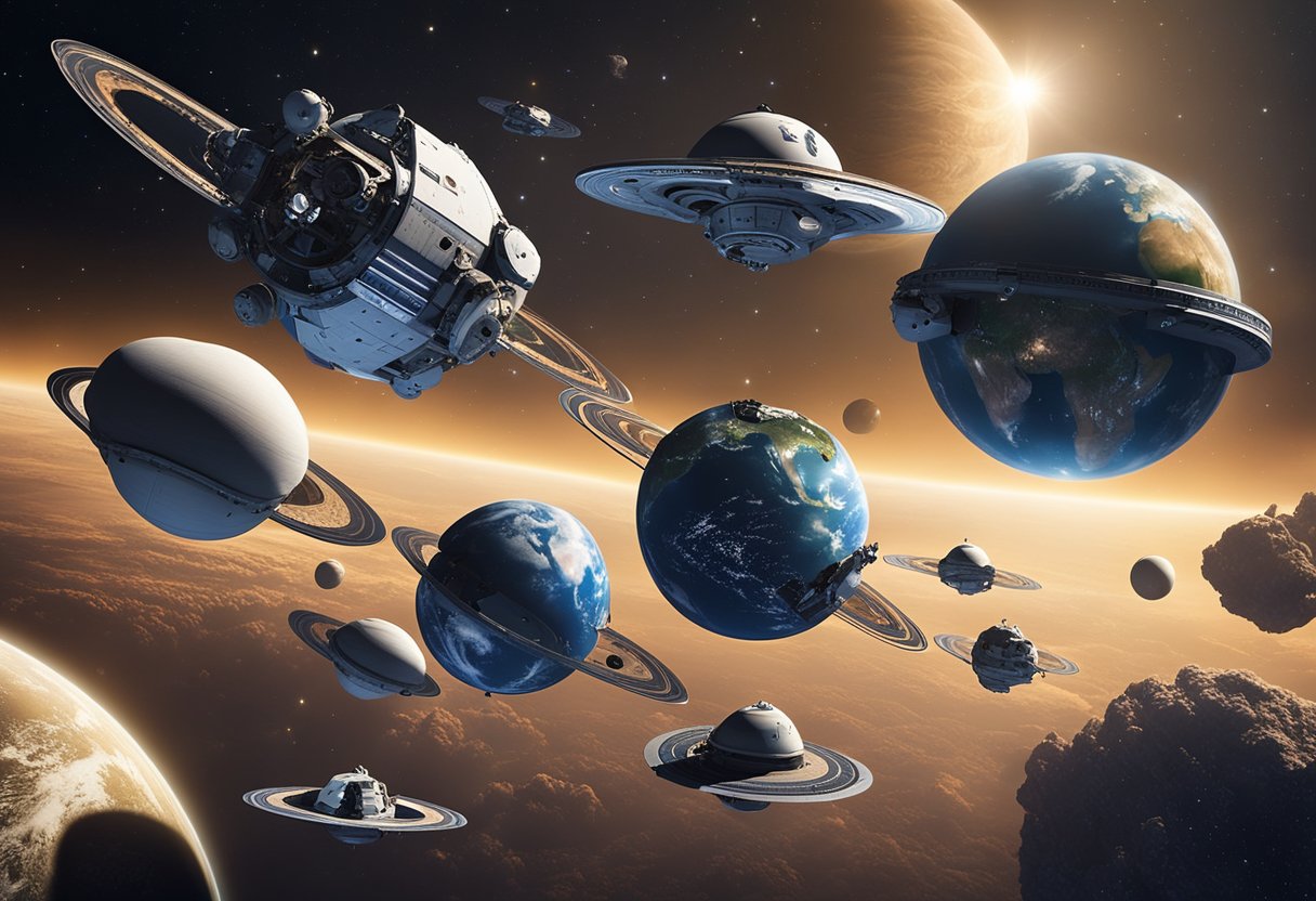Several spacecrafts orbiting Earth, with logos of prominent space philanthropy organizations visible on their hulls. The backdrop is the vast expanse of space, with stars and galaxies in the distance