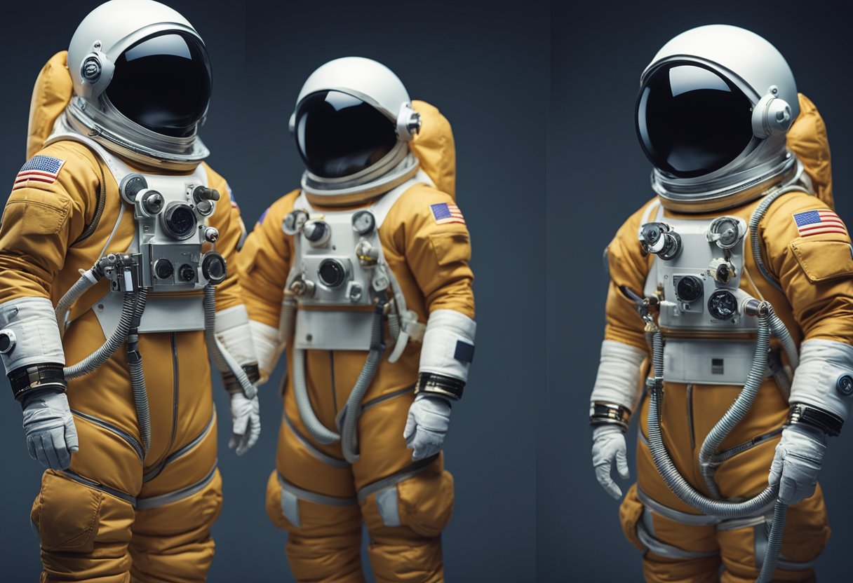 A series of space suits from different time periods, showing technological advancements and changes in design