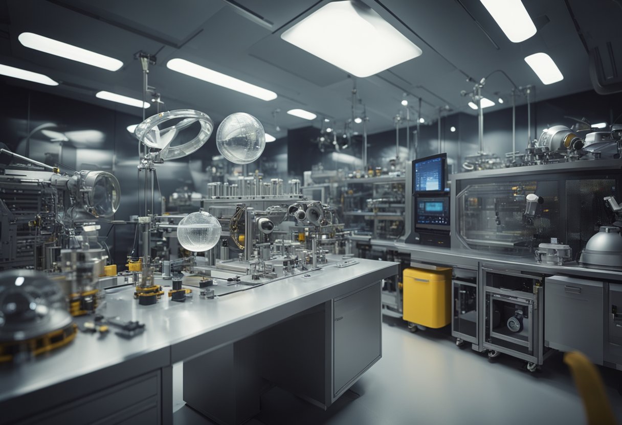 Space suit materials and fabrication tools displayed in a futuristic laboratory setting
