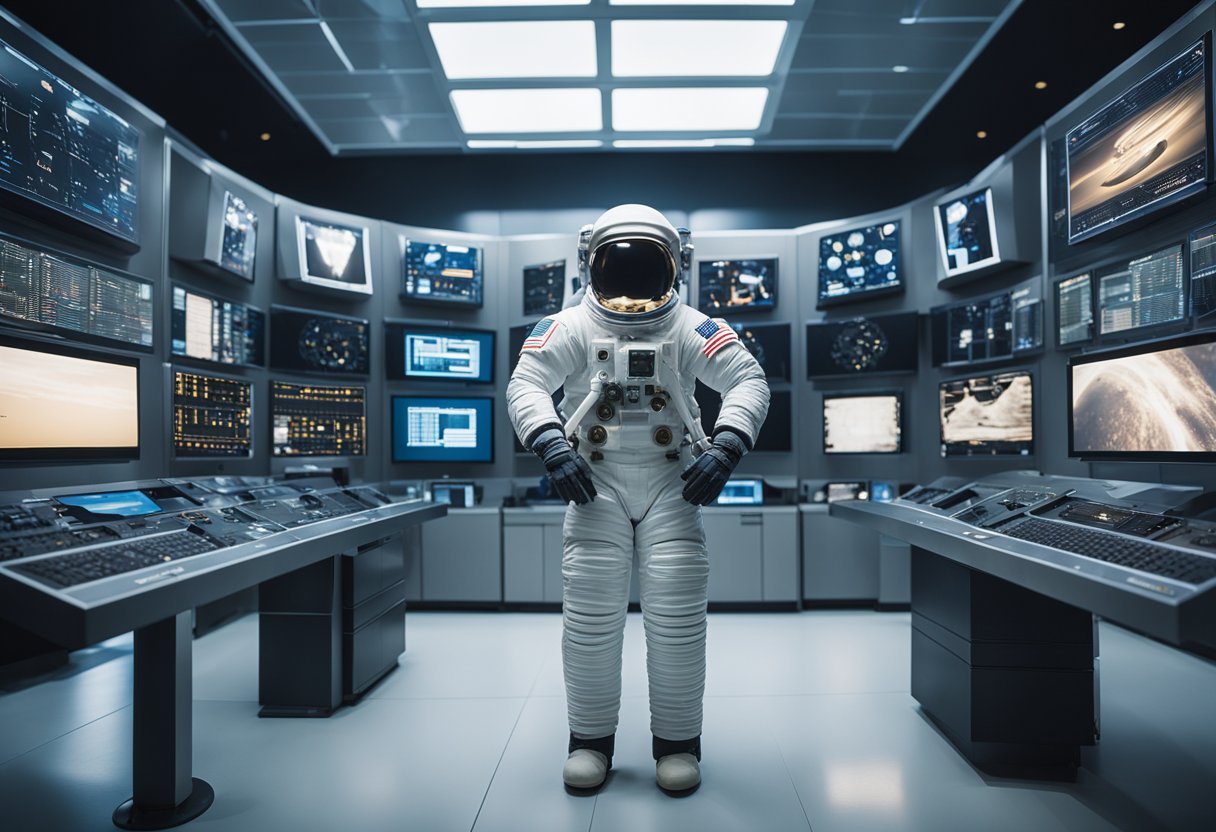 An astronaut's space suit hangs in a futuristic laboratory, surrounded by screens displaying the evolution of space suit technology