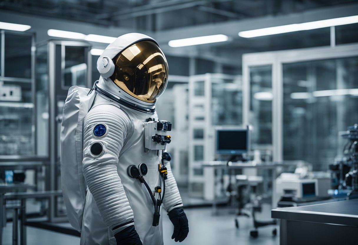 A space suit hangs in a high-tech laboratory, surrounded by safety equipment and advanced materials. The suit's sleek design and durable construction highlight the evolution of space suit technology