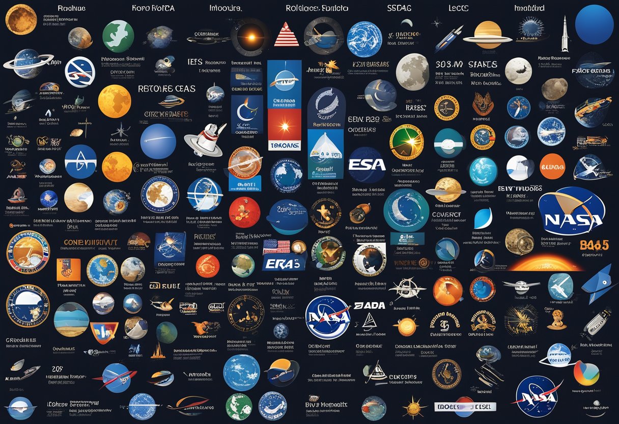 Various space agency logos displayed with corresponding budget figures. NASA, ESA, and Roscosmos logos prominent. Graphs and charts show budget comparisons