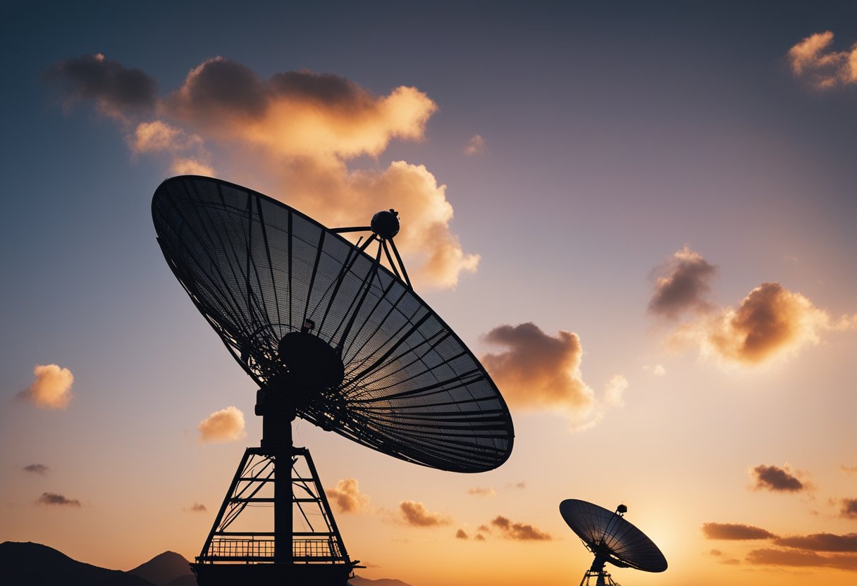 Satellite Technology Market - Satellite dish towers rise against a sunset sky, transmitting data across the globe