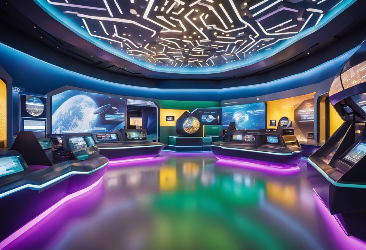 A futuristic space center with interactive exhibits and educational programs. Bright colors and modern design convey innovation and philanthropic efforts