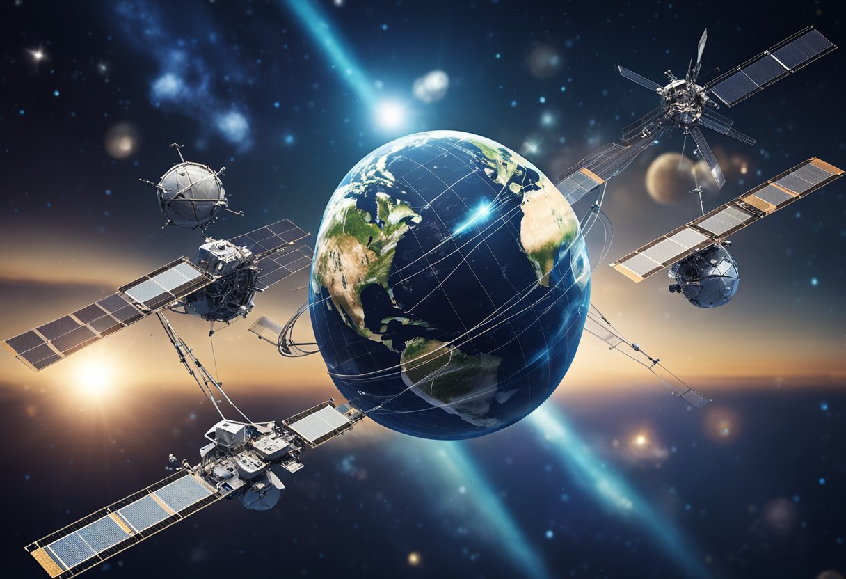 Satellites orbiting Earth, transmitting data and connecting global communication networks