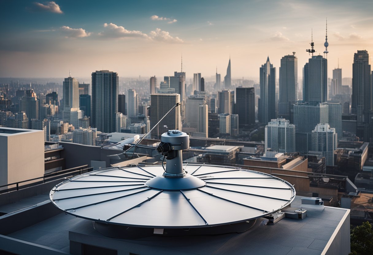 Satellite dish on rooftop, surrounded by cityscape. FAQ documents scattered nearby. Technology impact evident