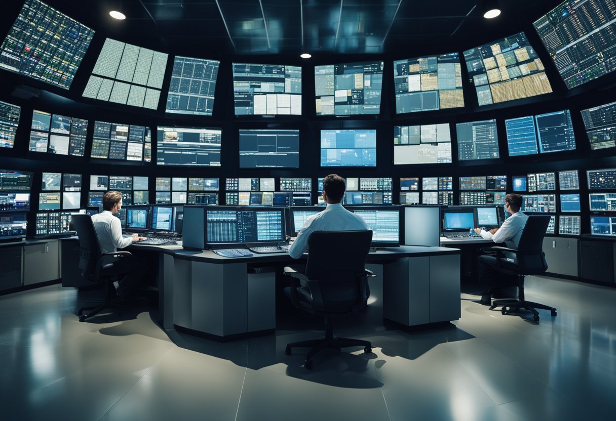 Satellite control room with technicians monitoring screens and equipment. Locked doors and security cameras ensure privacy in operations