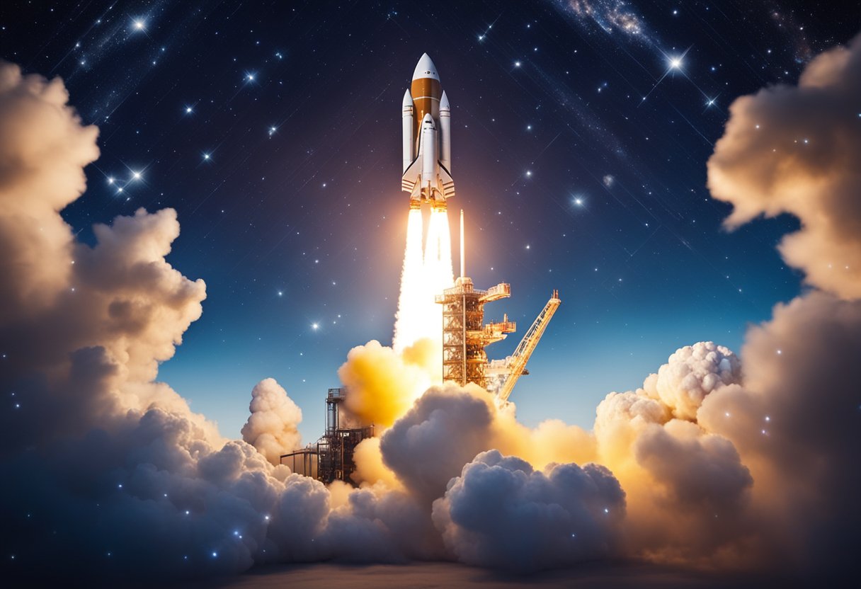 A rocket launches into space amidst a backdrop of stars and galaxies, symbolizing the growing trend of investment in space startups