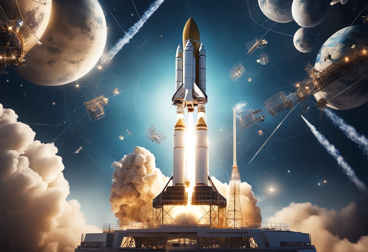 A rocket launches into space, surrounded by a network of satellites and futuristic space stations, symbolizing support for space innovation and industry