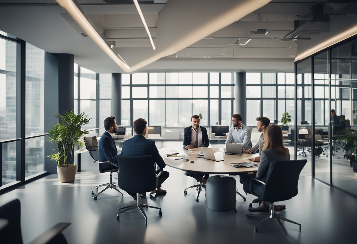 A group of investors discussing space startup profiles and investment trends in a modern, sleek office space