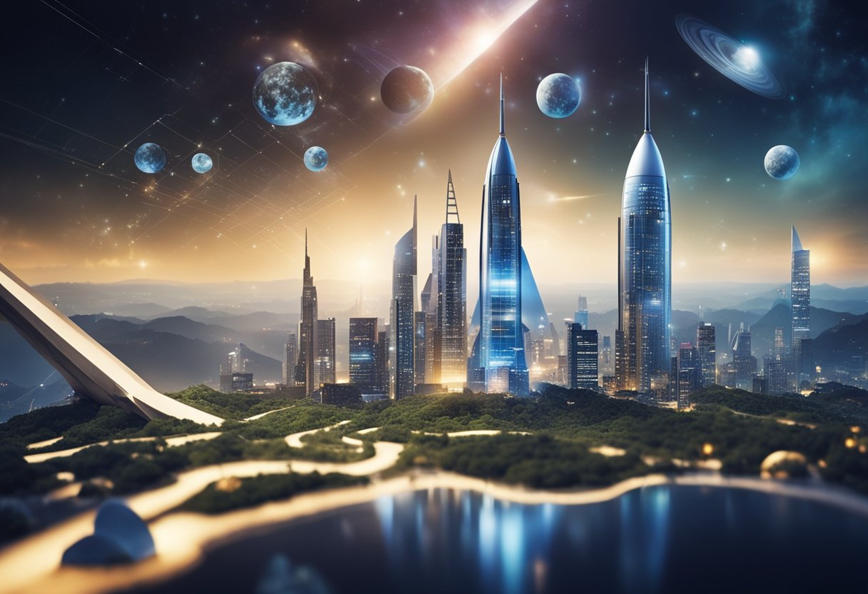 A space-themed landscape with rocket launches, futuristic buildings, and charts showing investment trends in the background