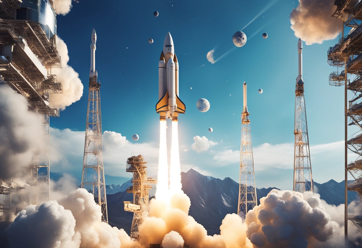 Rocket launches into space, surrounded by futuristic satellites and advanced spacecraft. Investors gather, exchanging funds for space startup ventures