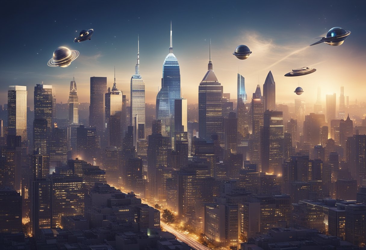 A bustling city skyline with rocket ships and dollar signs, symbolizing the fast-paced and lucrative world of space startup investments and acquisitions