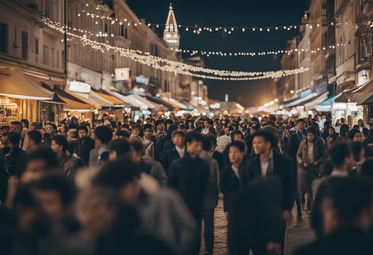 A rocket launches from a crowded marketplace, symbolizing the challenges and trends in space startup investment