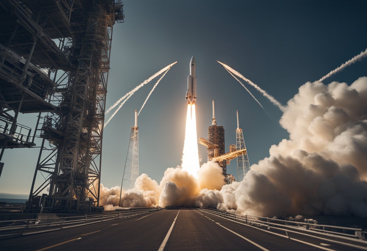 A rocket launches into space, surrounded by competing commercial and government launch vehicles. The scene depicts the challenges and future of space launches