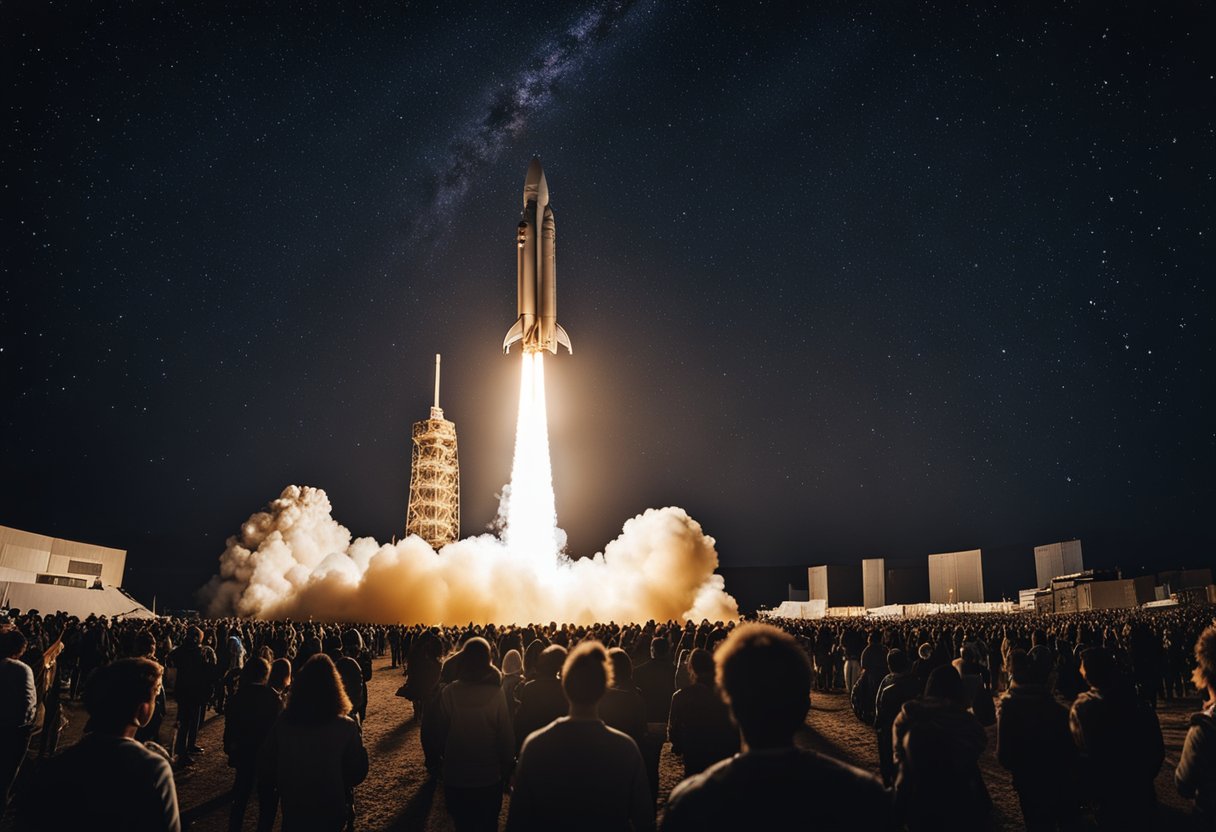 Space Exploration Public Interest Trends: A rocket launches into the starry sky as crowds gather to watch, showing public interest in space exploration