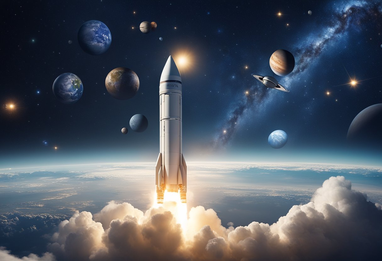 A rocket launches from Earth, surrounded by stars and planets, representing the historical context of space exploration and the public's interest in the topic