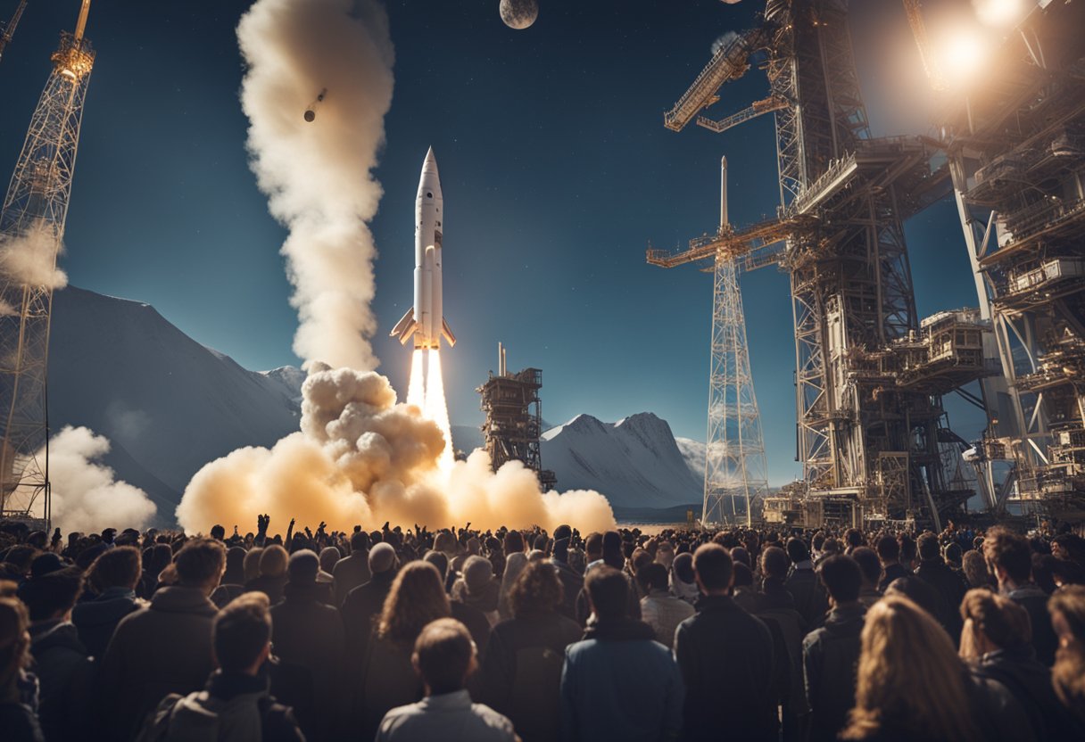 A crowd gathers around a rocket launch site, cameras raised, as the spacecraft prepares to blast off into the unknown depths of space