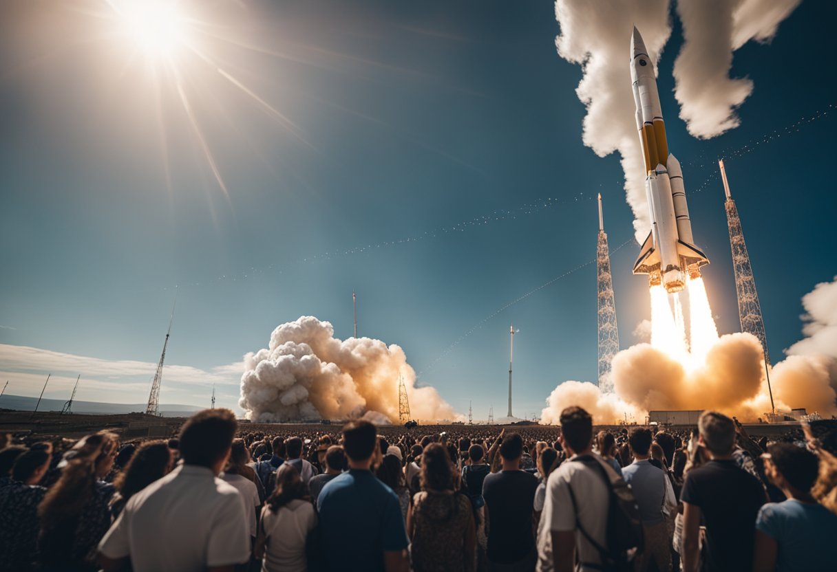 A rocket launches into space, surrounded by crowds of excited onlookers. A web of interconnected satellites orbits the Earth, providing global communication and data. But lurking in the shadows are potential risks, such as space debris and the militarization of space