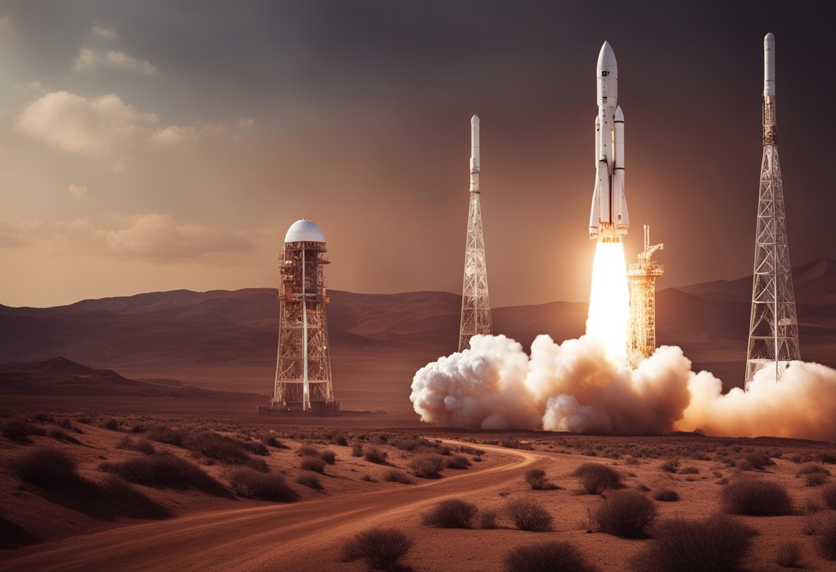 A rocket launches from Earth, heading towards Mars. Financial charts and graphs display mission costs and revenue upon arrival on the red planet